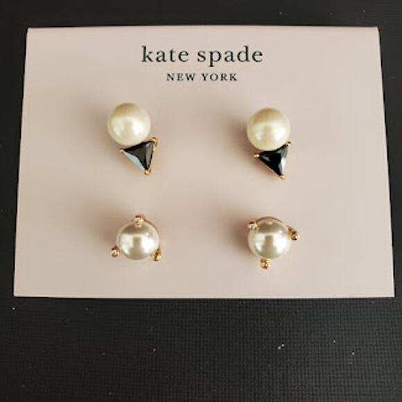 Kate Spade Two Pair Bundle Faux Pearl‎ Earrings in Gold Tone Setting NWT on Card - Picture 1 of 5